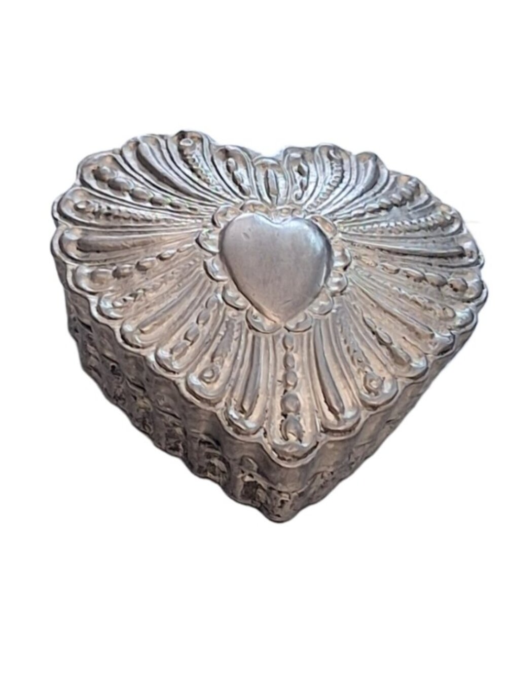 Vintage Metzke Pewter Heart Trinket Box 1982 Repoussé Floral Design